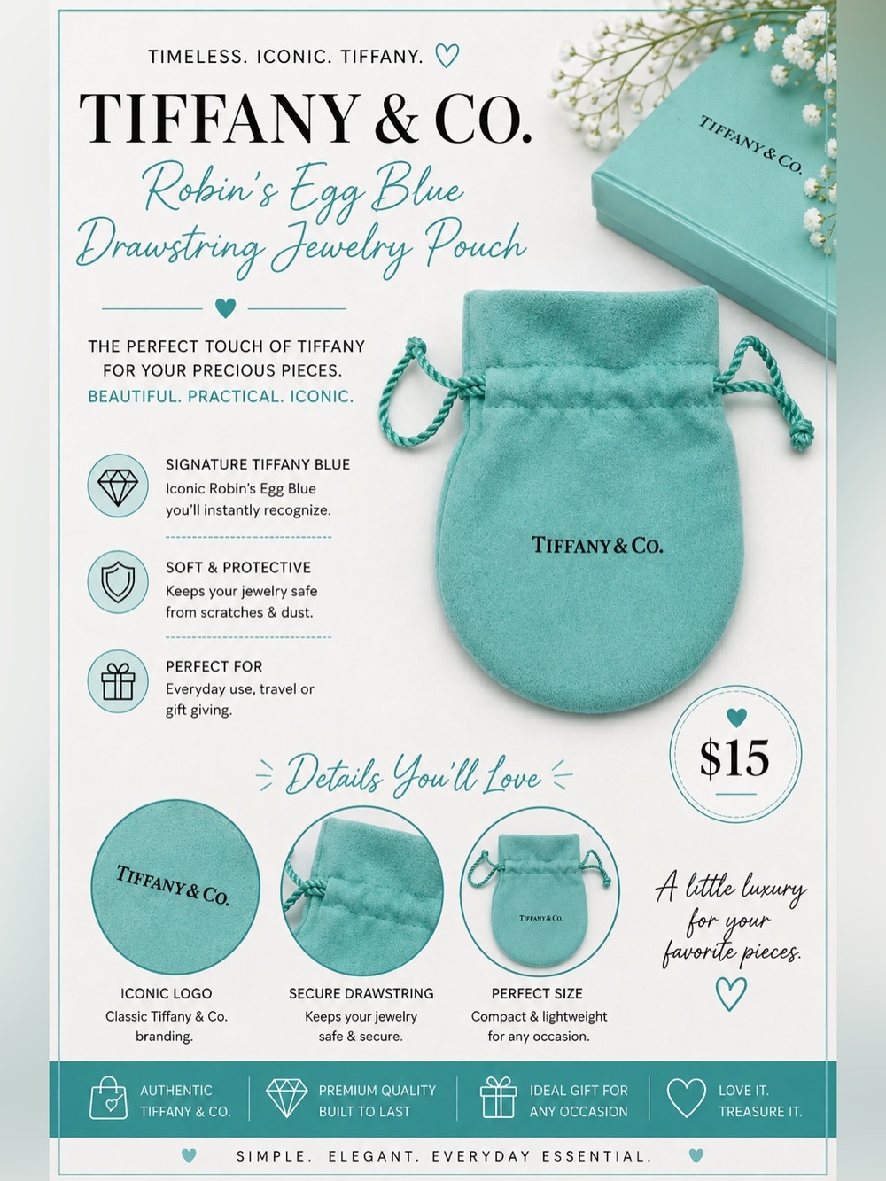 Tiffany & Co. Robin's Egg Blue Drawstring Jewelry Pouch